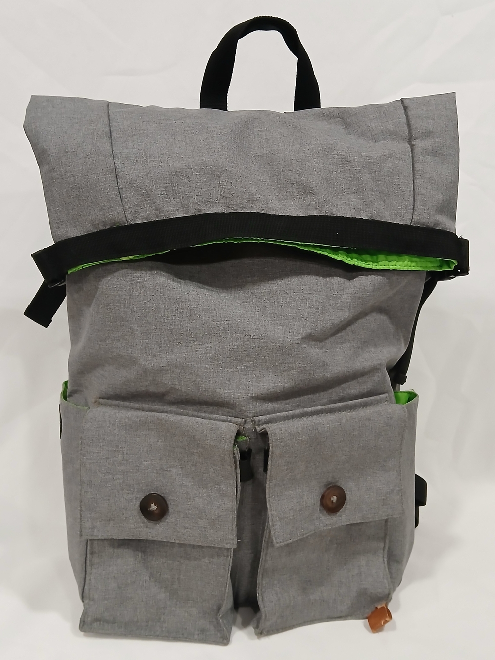 PKG Rolltop Backpack Padded Laptop Grey Lime Green Heavy Duty Weather Resistant